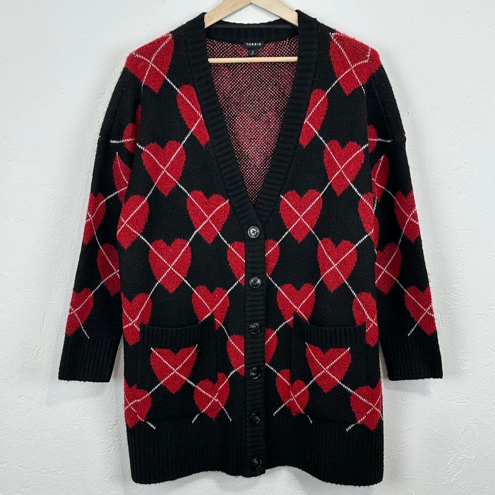 Women Whimsy Twee Cardigan Size 0 Heart Argyle Motif Oversized Boxy Button Front